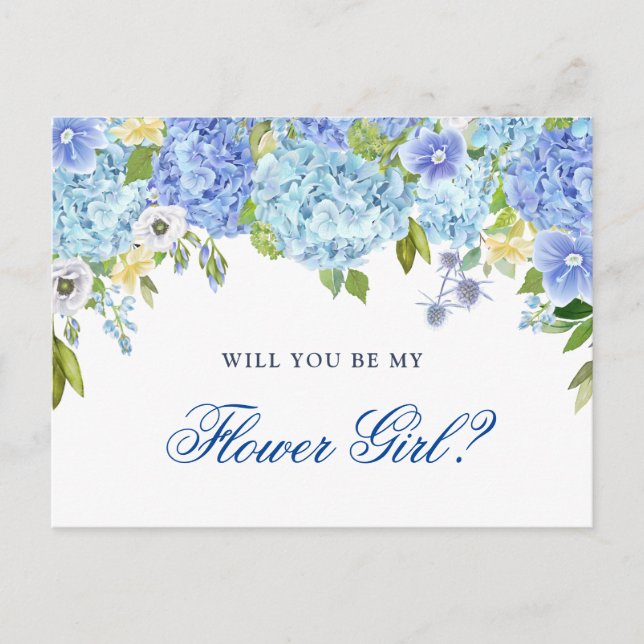 Blue Hydrangea Floral  Will You Be My Flower Girl Postcard (Front)