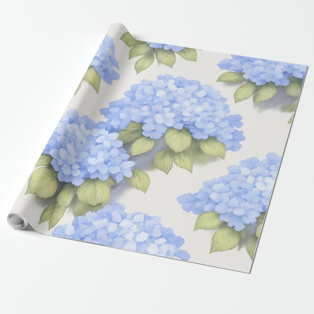 Blue Hydrangea Floral Wrap Roll – Boutique Wrapping Paper (Unrolled)