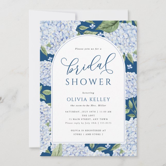 Blue Hydrangea Flower Arch Navy Bridal Shower Invitation (Front)