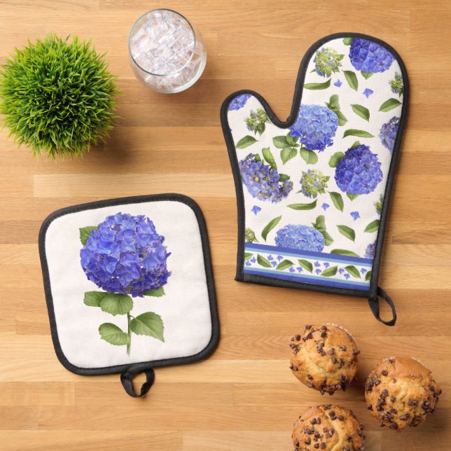 Blue Hydrangea Flower Botanical Art  Oven Mitt & Pot Holder Set (Top Down)