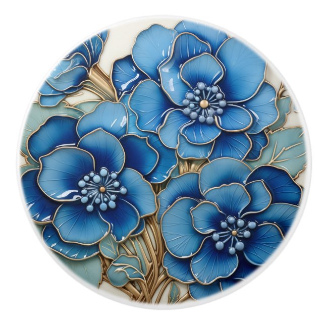 Blue Hydrangea Flower Ceramic Knob (Front)