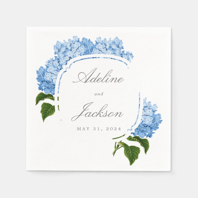 Blue Hydrangea Flower Names and Wedding Date Napkin (Front)