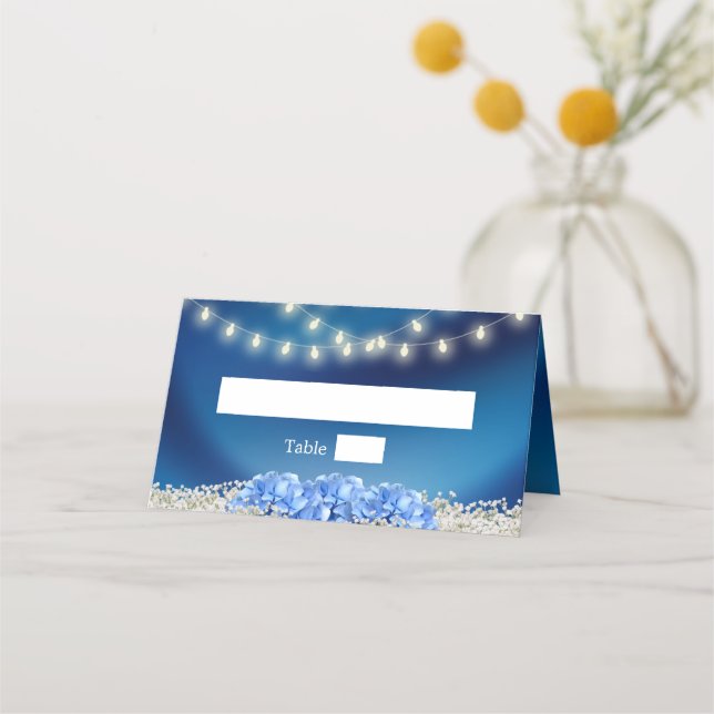 Blue Hydrangea Flower Navy Blue Modern Wedding Place Card (Front)