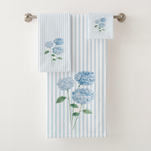 Blue Hydrangea Flower Painting Blue Stripe Bath Towel Set (Insitu)