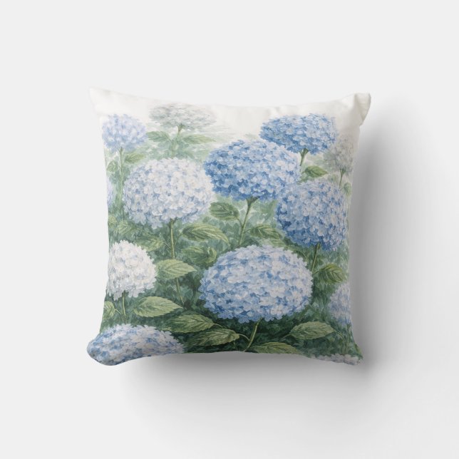 Blue Hydrangea Flower Painting Blue Stripe Throw Pillow (Front)