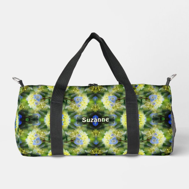 Blue Hydrangea Flower Pattern Personalized Duffle Bag (Front)