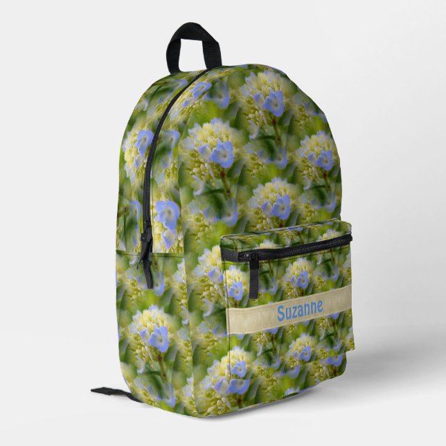Blue Hydrangea Flower Pattern Personalized      Printed Backpack (Back Corner Left)