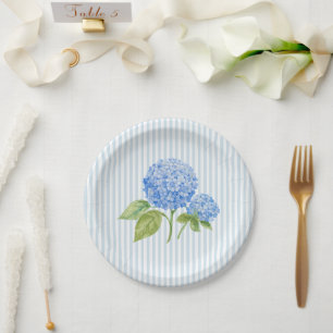 Blue Hydrangea Flower Wedding Blue Stripe Paper Plate