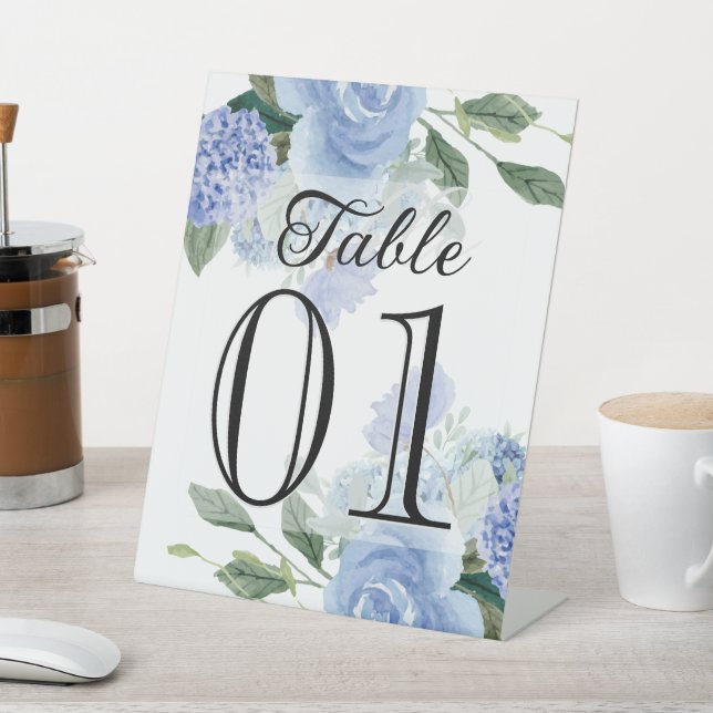 Blue Hydrangea Flower Wedding Café Event Pedestal Sign (In SItu)