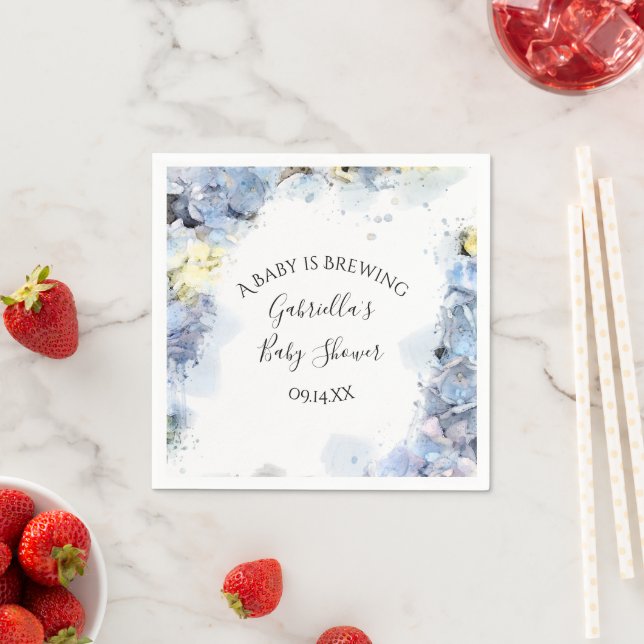 Blue Hydrangea Flowers Baby is Brewing Shower  Napkin (Insitu)