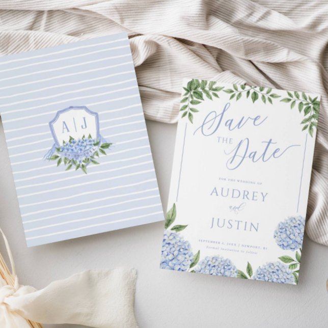Blue Hydrangea Flowers Crest Save the Date Invitation (Creator Uploaded)