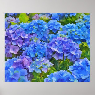 Blue Hydrangea Flowers Floral Watercolor Style Art Poster