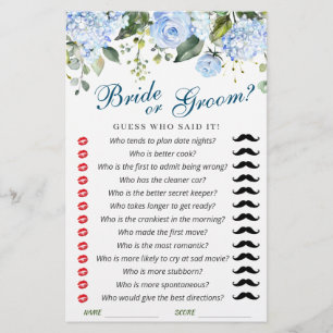 Blue Hydrangea Flowers Greenery Bridal Shower Game