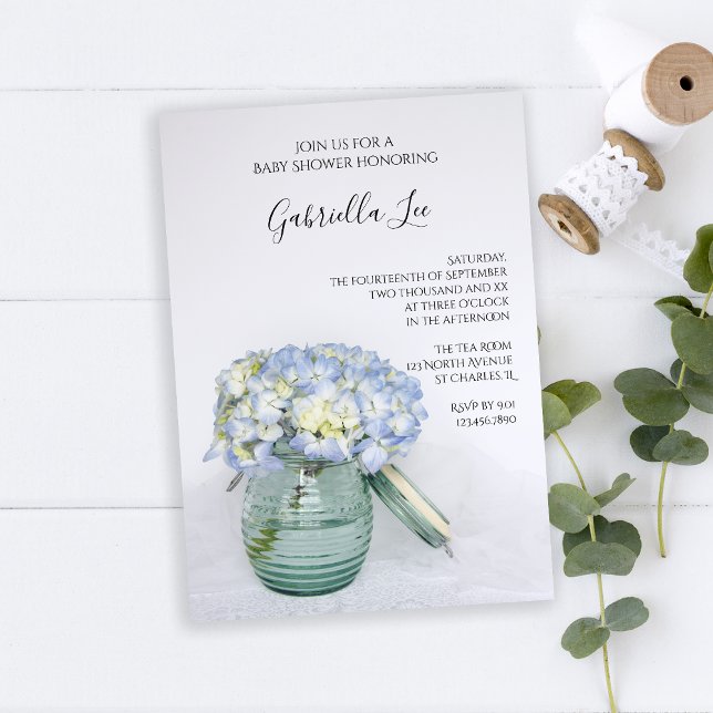 Blue Hydrangea Flowers in Jar Vase Baby Shower Invitation (Creator Uploaded)
