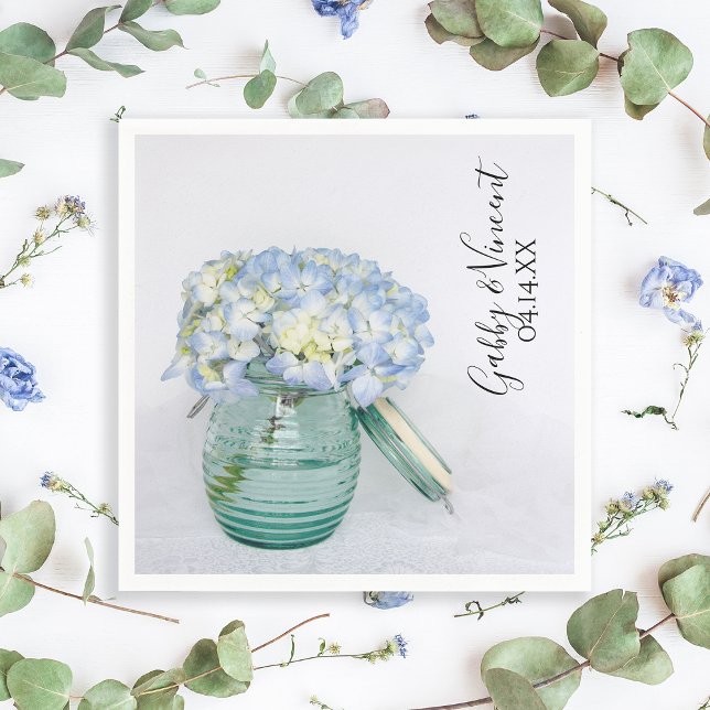 Blue Hydrangea Flowers in Jar Vase Wedding Napkin (Creator Uploaded)