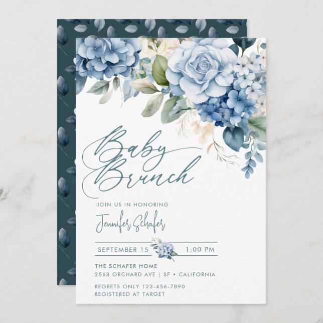 Blue Hydrangea | Flowers Leaves Baby Shower Invitation (Front/Back)