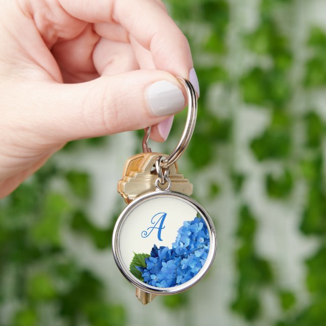 Blue Hydrangea Flowers Monogram Keychain (Hand)