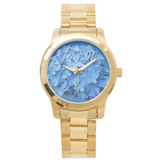 Blue Hydrangea Flowers Monogrammed Watch (Front)