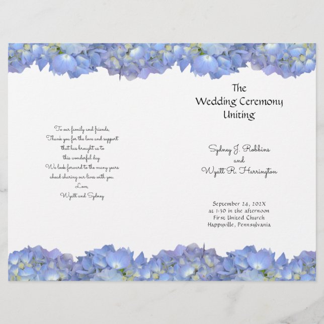 Blue Hydrangea Flowers Programme de mariage Modèle (Devant)