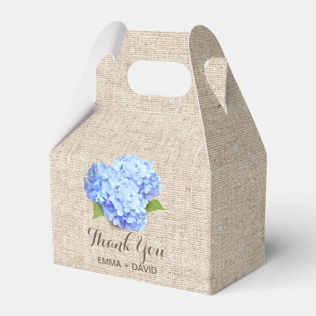 Blue Hydrangea Flowers Rustic Burlap Thank You Favor Box (Front Side)