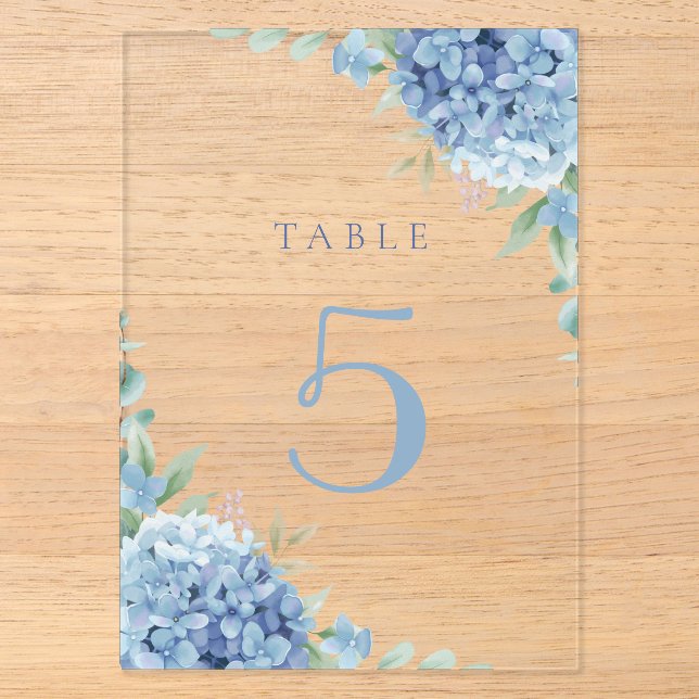 blue hydrangea flowers table 5 acrylic invitations (Front)