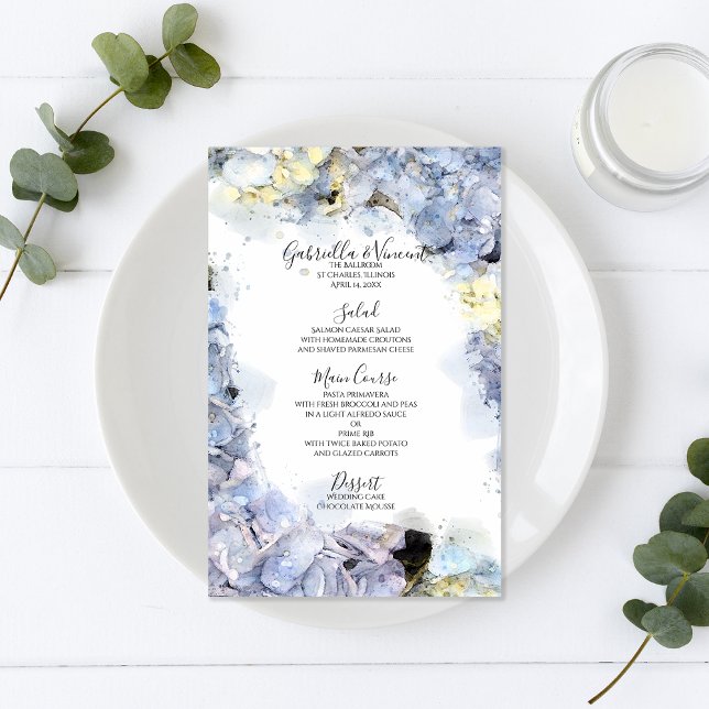 Blue Hydrangea Flowers Watercolor Menu Mariage (Créateur téléchargé)