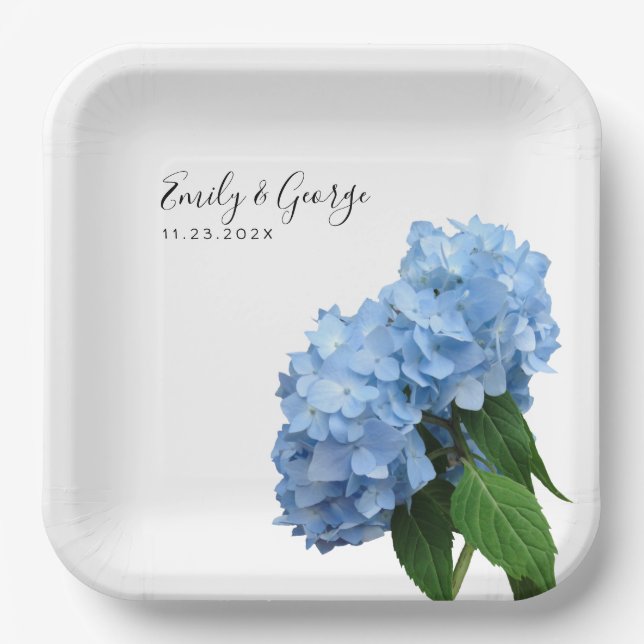 Blue Hydrangea Flowers Wedding Personalized Paper Plate (Front)