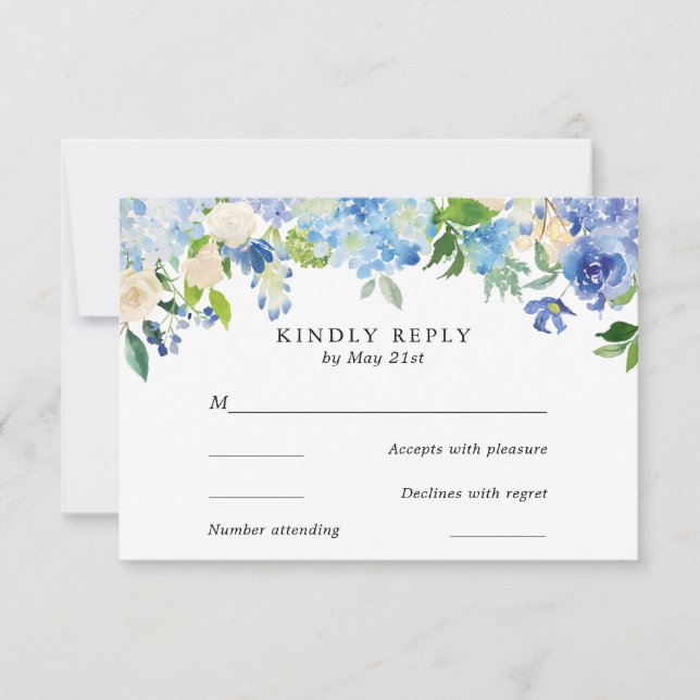 Blue Hydrangea Flowers Wedding RSVP Card (Front)