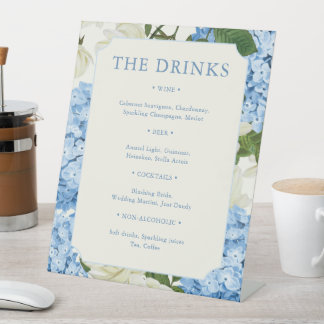 Blue Hydrangea Flowers White Roses Wedding Bar Pedestal Sign