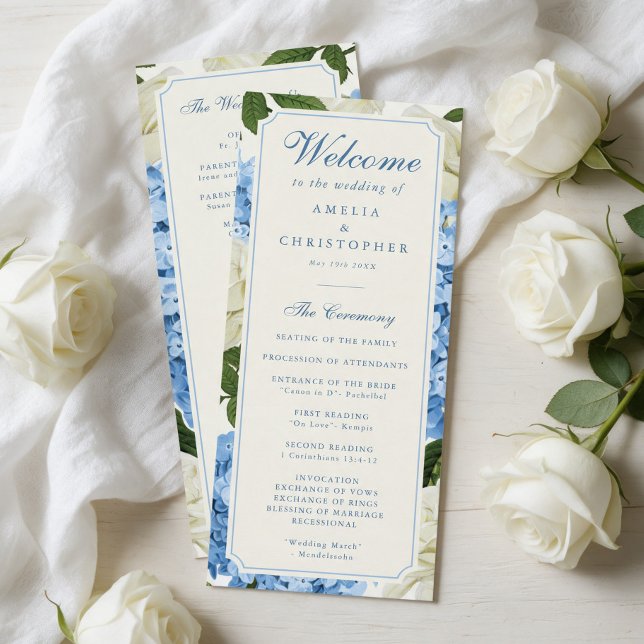 Blue Hydrangea Flowers White Roses Wedding Program (elegant and formal wedding programs with blue hydrangea flowers and white roses background.)