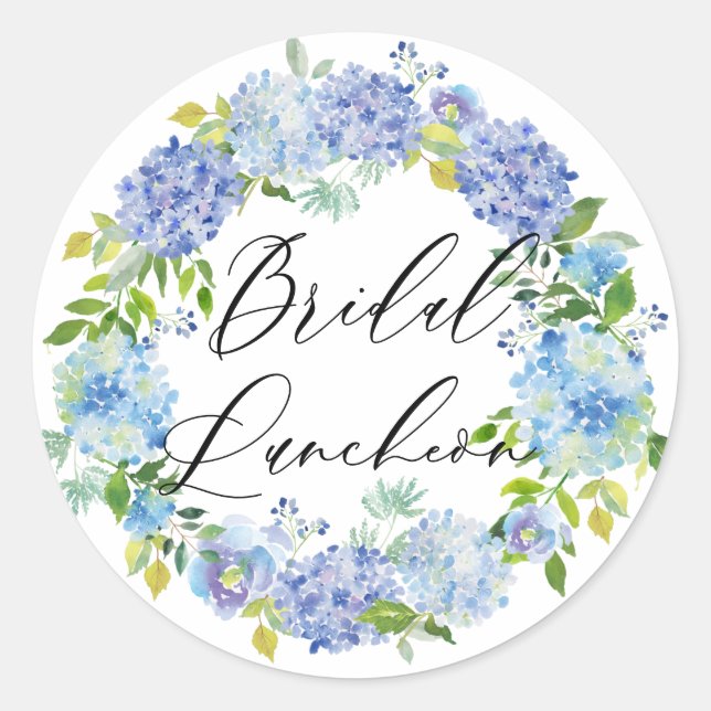 Blue Hydrangea Flowers Wreath Bridal Luncheon Classic Round Sticker (Front)