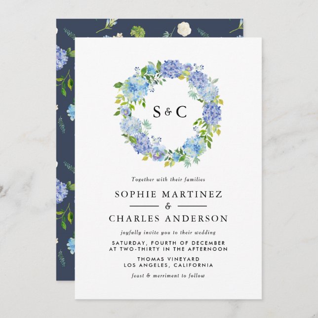 Blue Hydrangea Flowers Wreath Wedding Invitation (Front/Back)