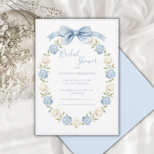 Blue Hydrangea Frame Elegant Bow Bridal Shower  Invitation