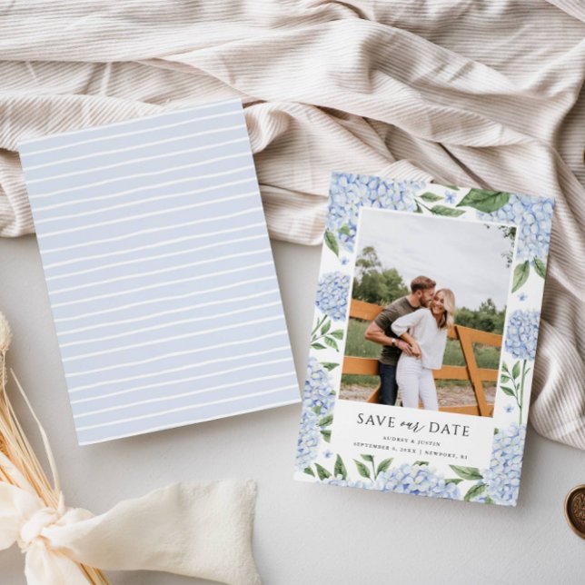 Blue Hydrangea Framed Photo Save the Date Invitation (Creator Uploaded)