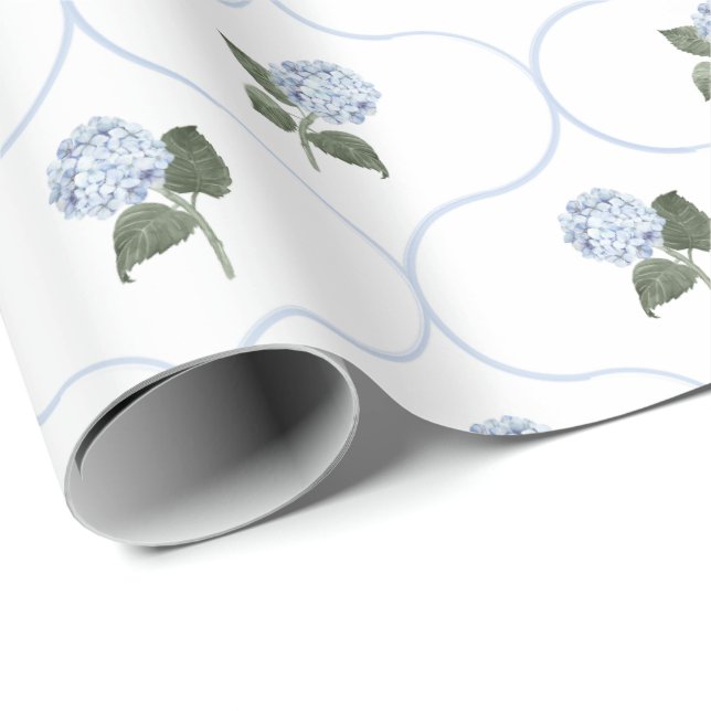 Blue Hydrangea Garden Floral Trellis Wrapping Paper (Roll Corner)