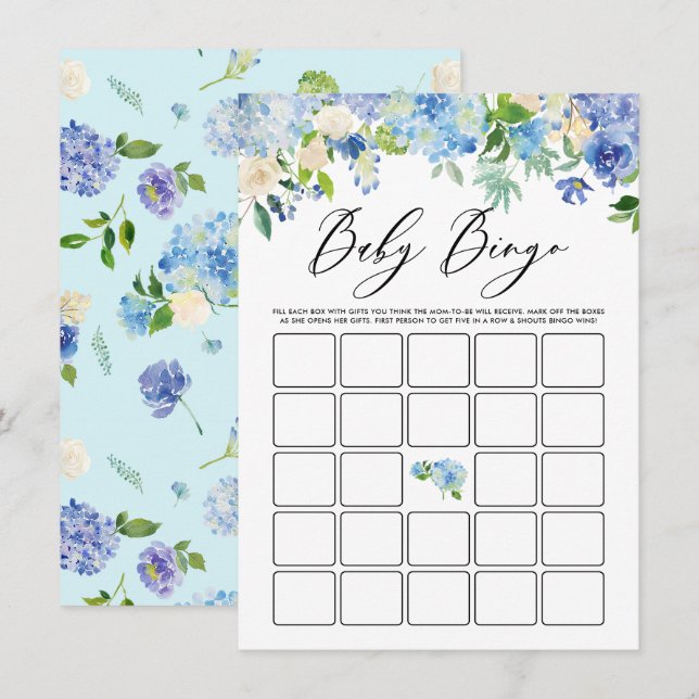 Blue Hydrangea Garland Baby Shower Bingo Game Enclosure Card (Front/Back)