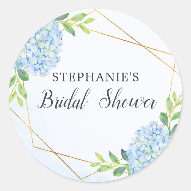 Blue Hydrangea Geometric Floral Bridal Shower Classic Round Sticker (Front)