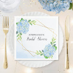 Blue Hydrangea Geometric Floral Bridal Shower Napkin<br><div class="desc">These bridal shower napkins feature a blue hydrangea flowers and faux gold geometric design. You can personalize these napkins with the bride's name. These napkins are part of a collection which includes a range of matching wedding stationery and bridal items. Please visit our store or view our collection pages to...</div>