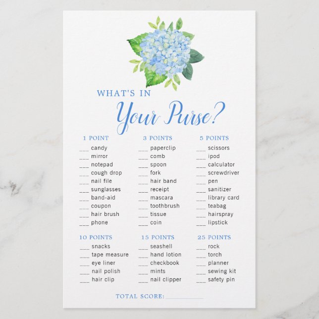 Blue Hydrangea Geometric Purse Bridal Shower Game (Front)