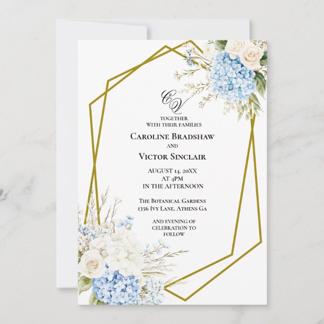 Blue Hydrangea Geometric Wedding Invitation (Devant)