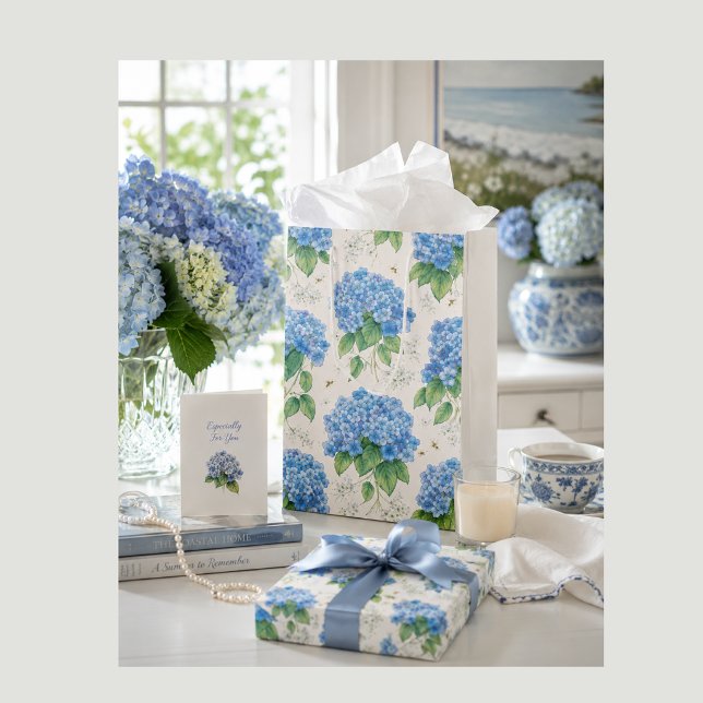 Blue Hydrangea Gift Bag | Duck Egg Botanical (Elegant blue hydrangea gift bag for weddings, birthdays, hostess gifts and special occasions.)