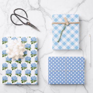 Blue Hydrangea Gingham and Polka Dot Pattern Wrapping Paper Sheet