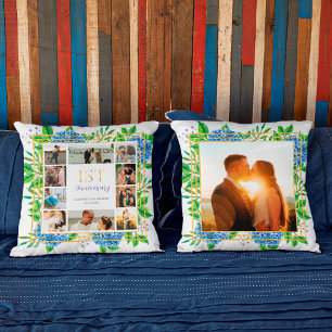 Blue Hydrangea Gold 1st Anniversary Photo Collage Throw Pillow
