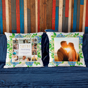 Blue Hydrangea Gold 70th Anniversary Photo Collage Throw Pillow