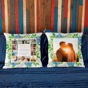 Blue Hydrangea Gold 75th Anniversary Photo Collage Throw Pillow