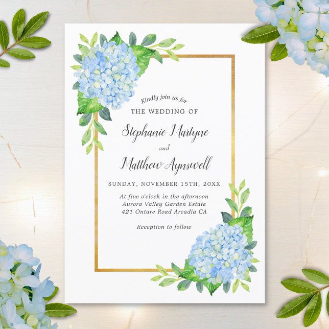 Blue Hydrangea Gold Border Watercolor Wedding Invitation (Creator Uploaded)
