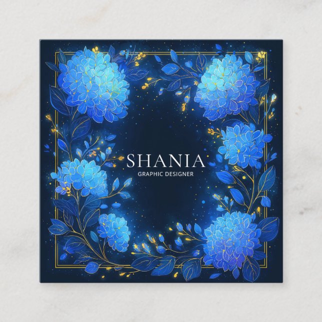 Blue Hydrangea Gold Celestial Frame Midnight Square Business Card (Front)