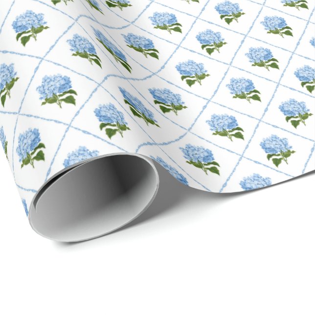 Blue Hydrangea Grandmillennial Wrapping Paper (Roll Corner)