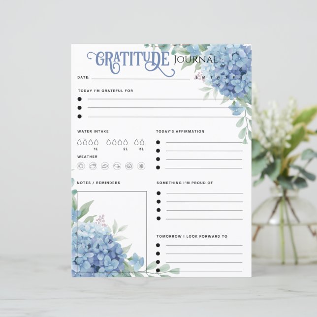 Blue Hydrangea Gratitude Journal Paper Sheet (Standing Front)