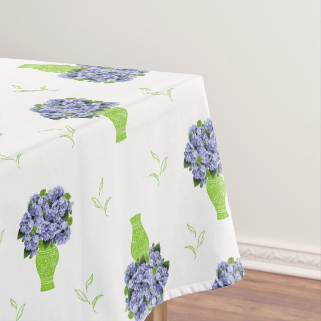  Blue Hydrangea Green Vase Coastal Pattern Tablecloth (In Situ)